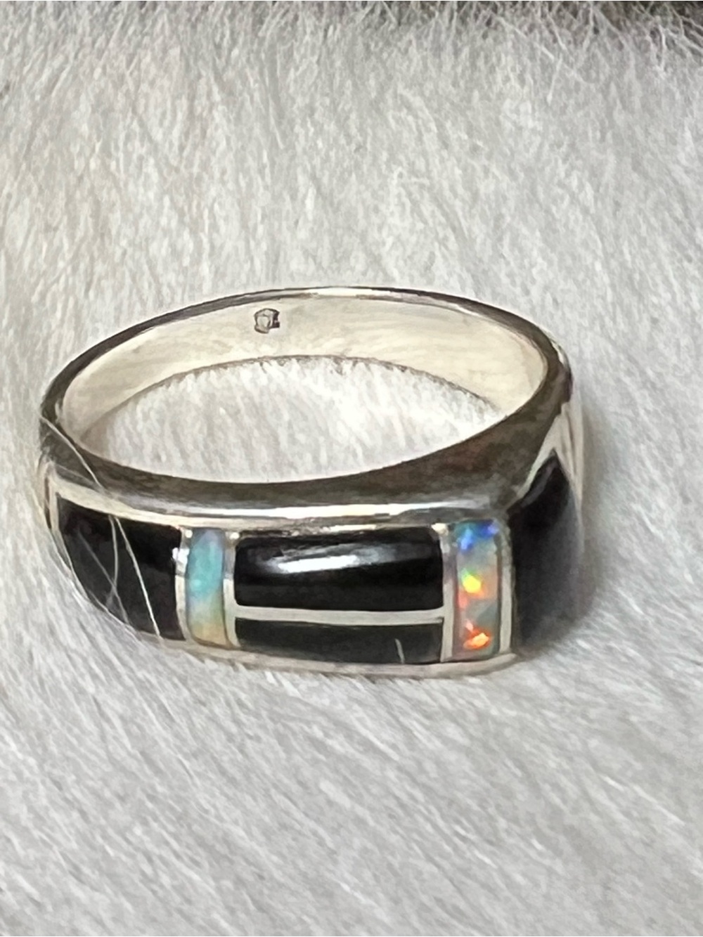 Sterling Silver  native Inlay Ring with Black and Opal Accent